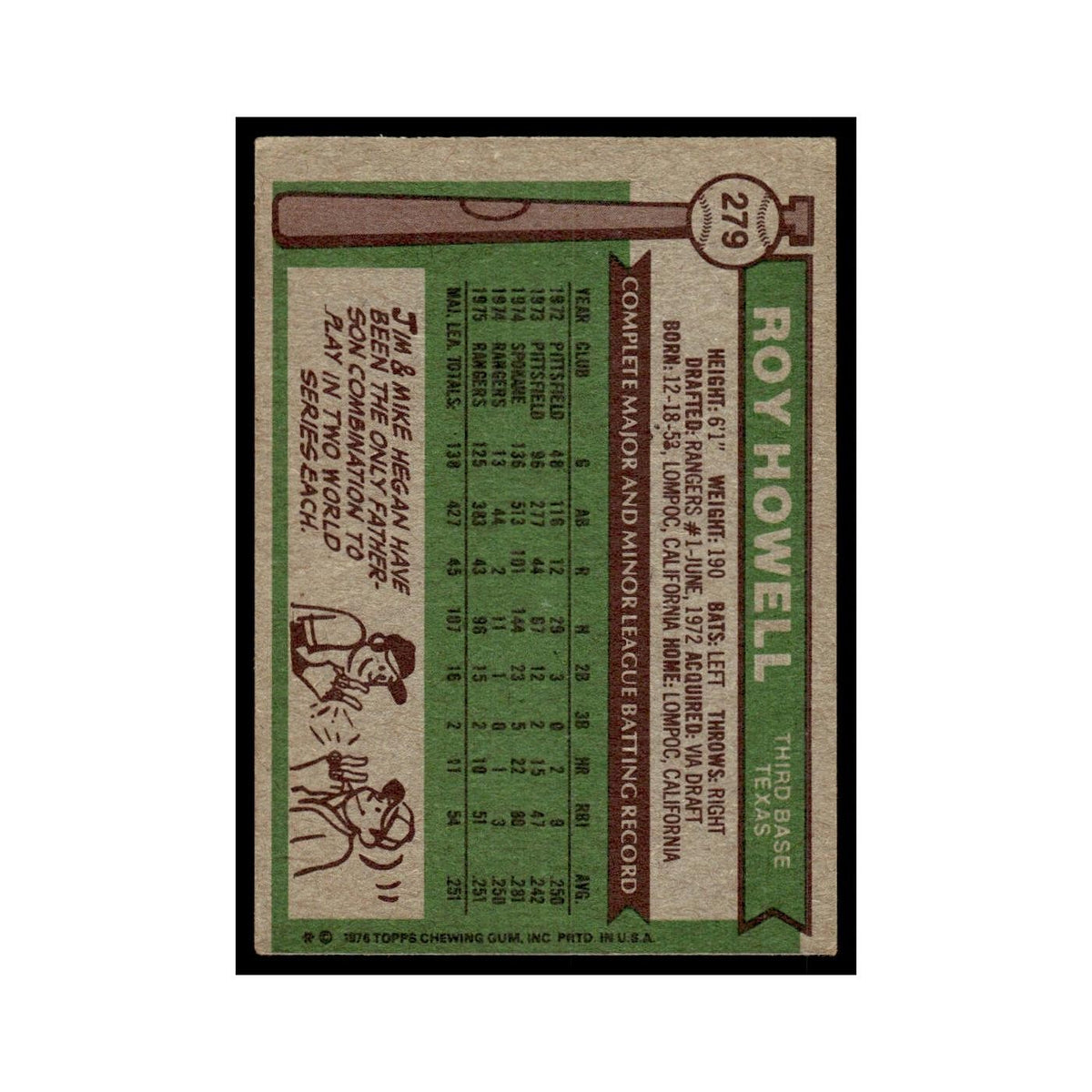 Roy Howell 1976 Topps #279 Texas Rangers Baseball Card EX
