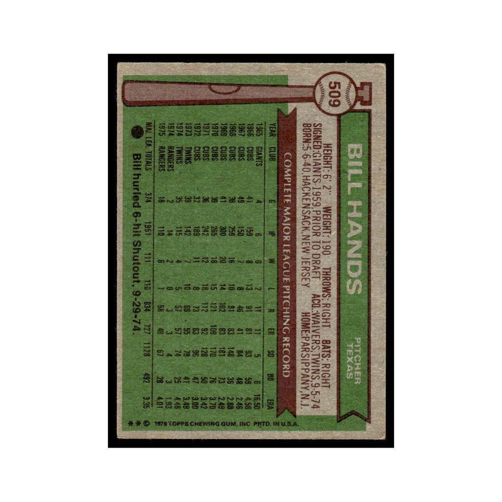 Bill Hands 1976 Topps #509 Texas Rangers Baseball Card EX