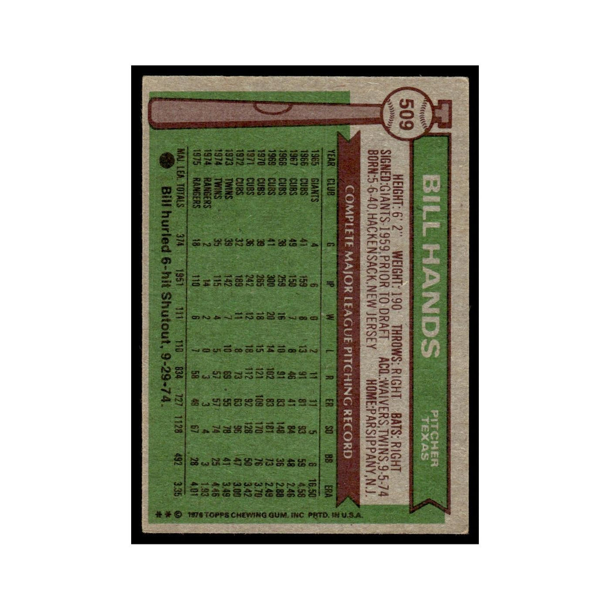 Bill Hands 1976 Topps #509 Texas Rangers Baseball Card EX