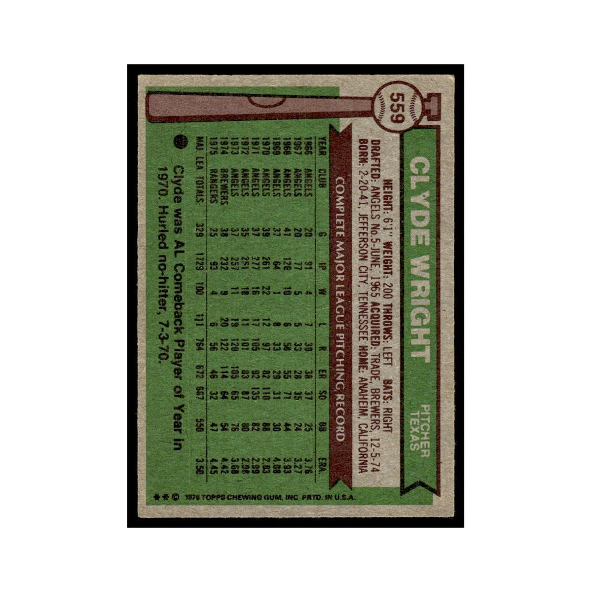 Clyde Wright 1976 Topps #559 Texas Rangers Baseball Card EX