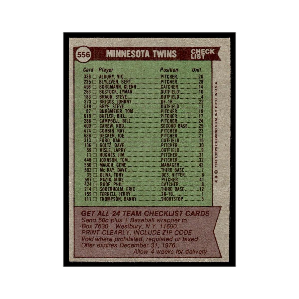 Minnesota Twins - Gene Mauch 1976 Topps #556 Baseball Card EX