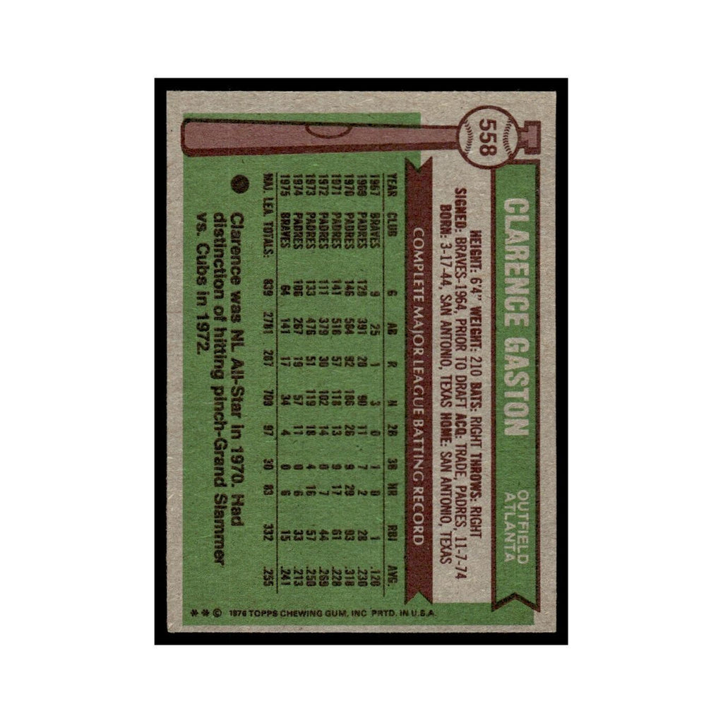 Clarence Gaston 1976 Topps #558 Atlanta Braves Baseball Card EX