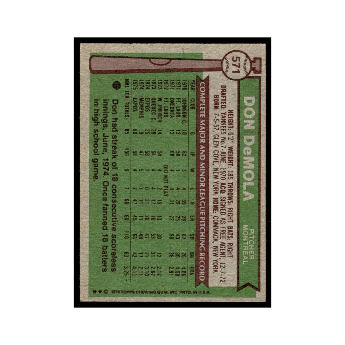 Don DeMola 1976 Topps #571 Montreal Expos Baseball Card EX