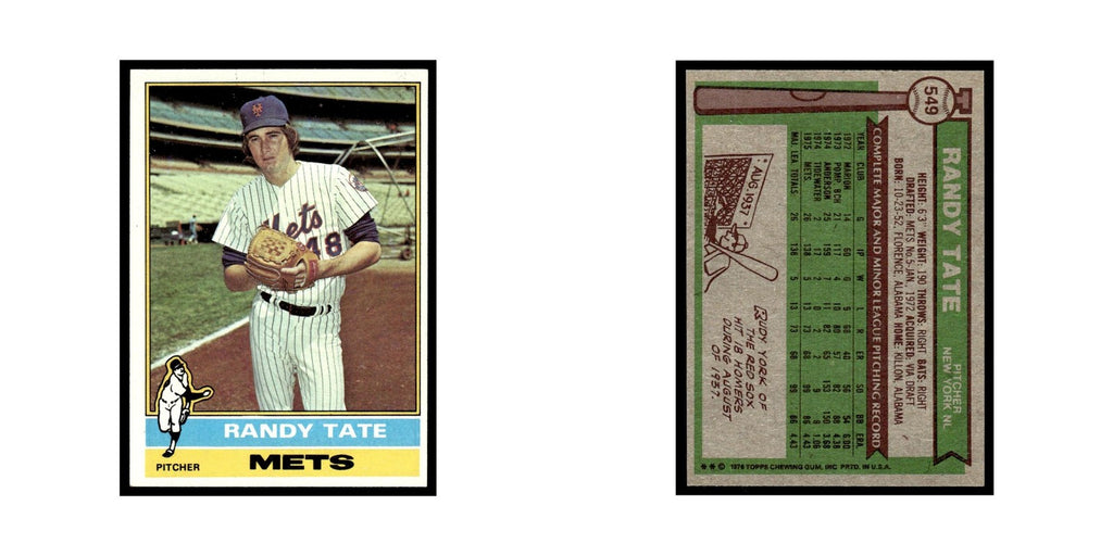 Randy Tate Rookie 1976 Topps #549 New York Mets Baseball Card EX