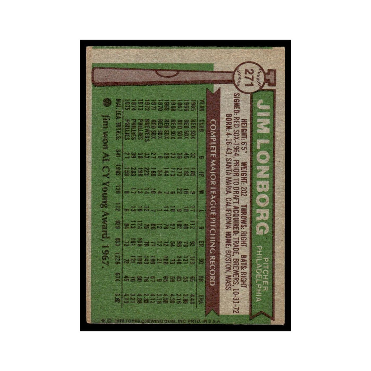 Jim Lonborg 1976 Topps #271 Philadelphia Phillies Baseball Card EX