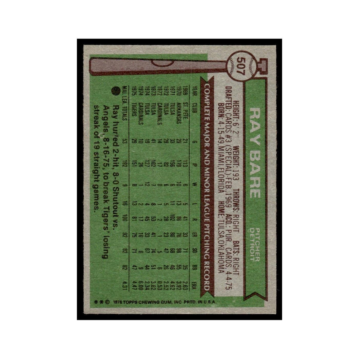 Ray Bare Rookie 1976 Topps #507 Detroit Tigers Baseball Card EX
