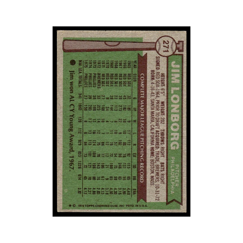 Jim Lonborg 1976 Topps #271 Philadelphia Phillies Baseball Card EX