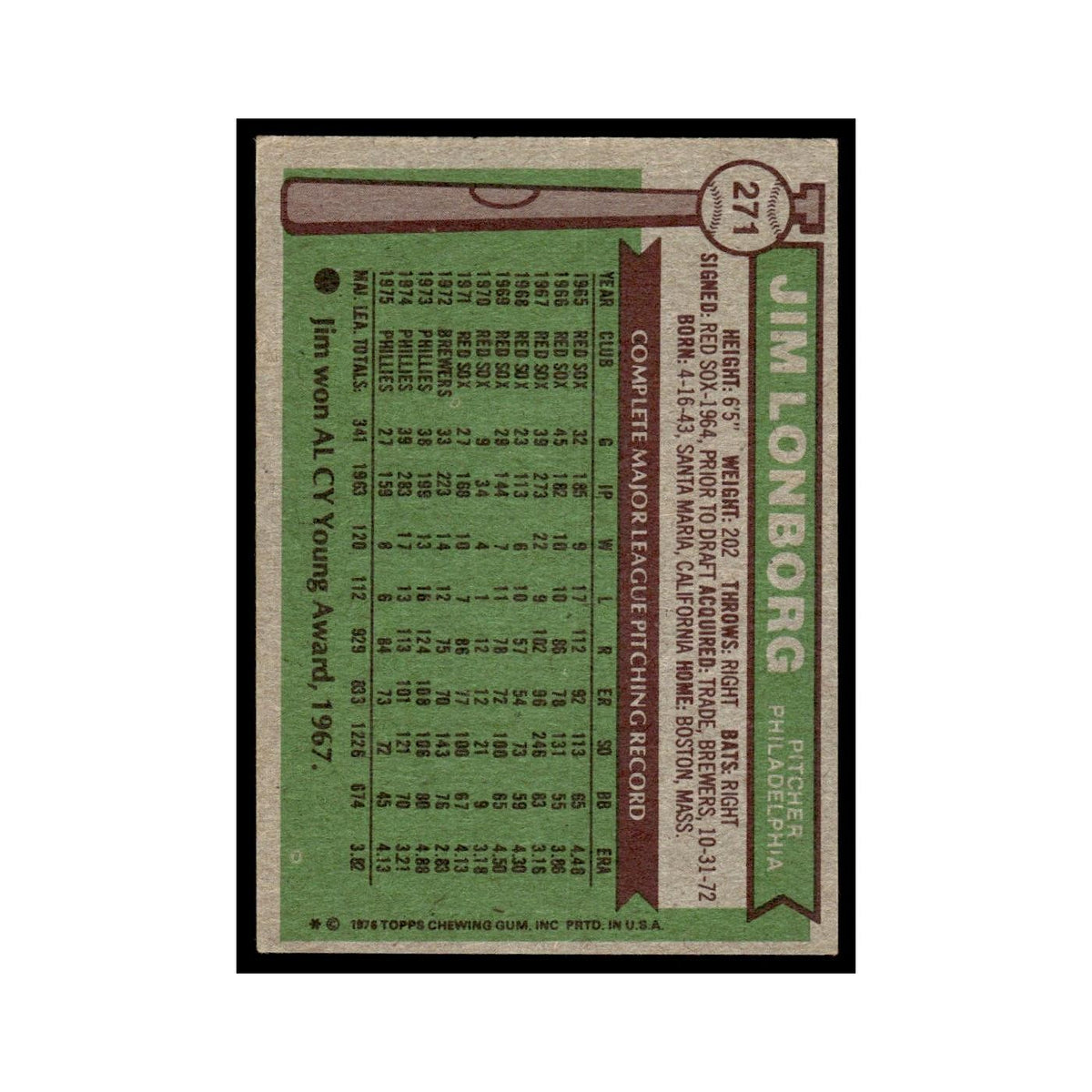 Jim Lonborg 1976 Topps #271 Philadelphia Phillies Baseball Card EX