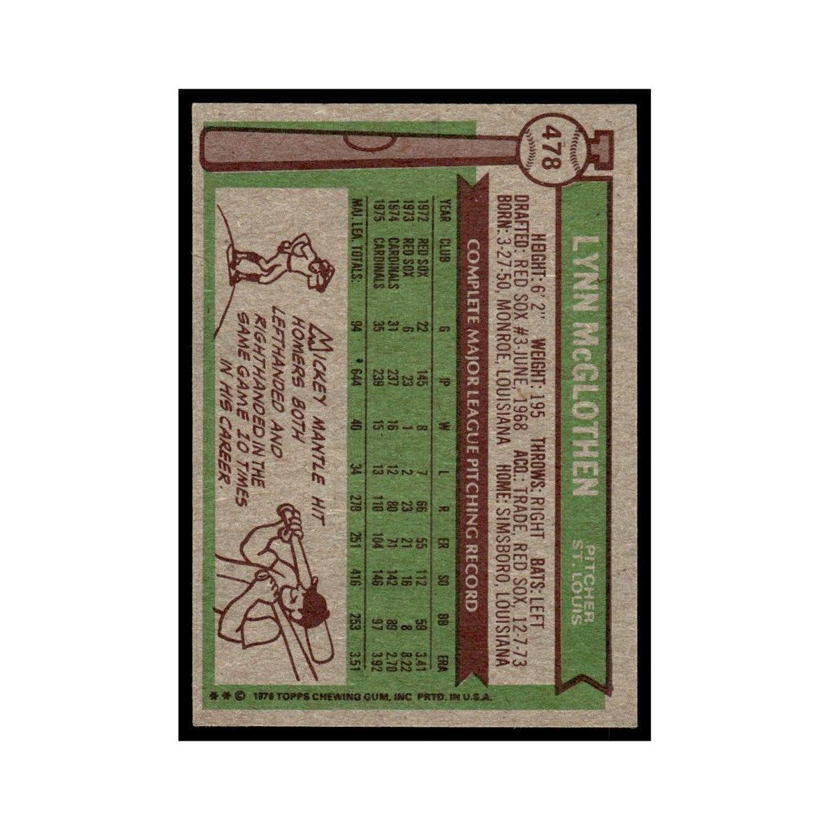 Lynn McGlothen 1976 Topps #478 St. Louis Cardinals Baseball Card EX