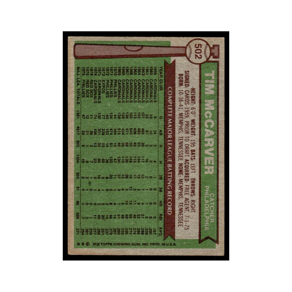 Tim McCarver 1976 Topps #502 Philadelphia Phillies Baseball Card EX
