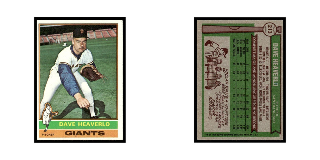Dave Heaverlo Rookie 1976 Topps #213 San Francisco Giants Baseball Card EX