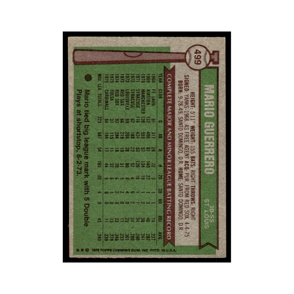 Mario Guerrero 1976 Topps #499 St. Louis Cardinals Baseball Card EX