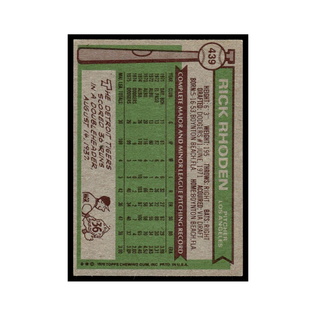 Rick Rhoden 1976 Topps #439 Los Angeles Dodgers Baseball Card EX