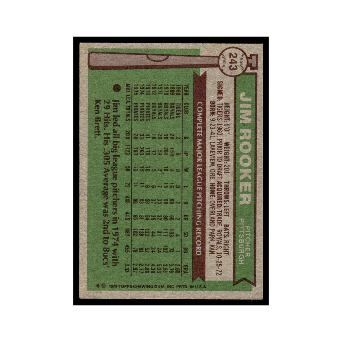 Jim Rooker 1976 Topps #243 Pittsburgh Pirates Baseball Card EX