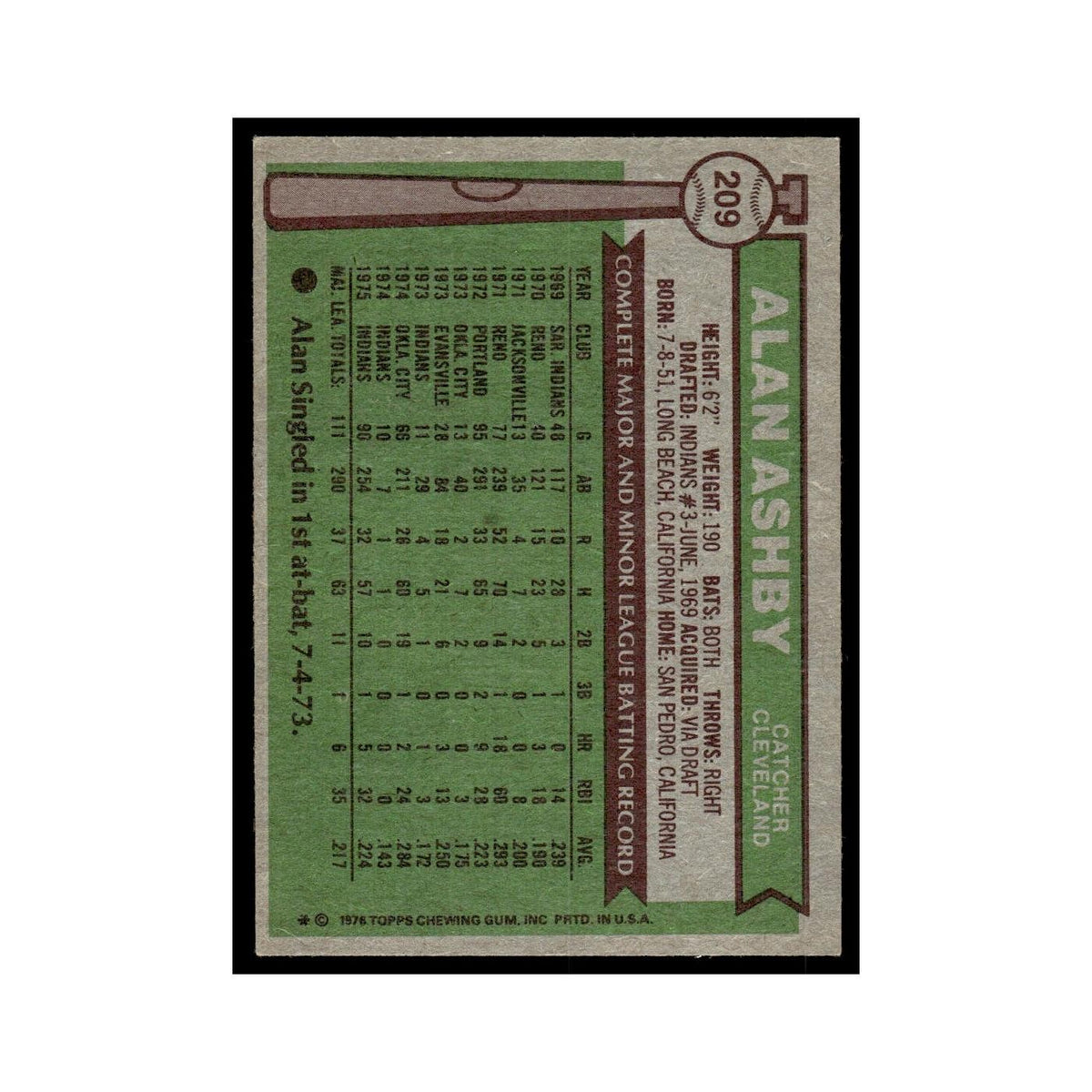 Alan Ashby 1976 Topps #209 Cleveland Indians Baseball Card EX