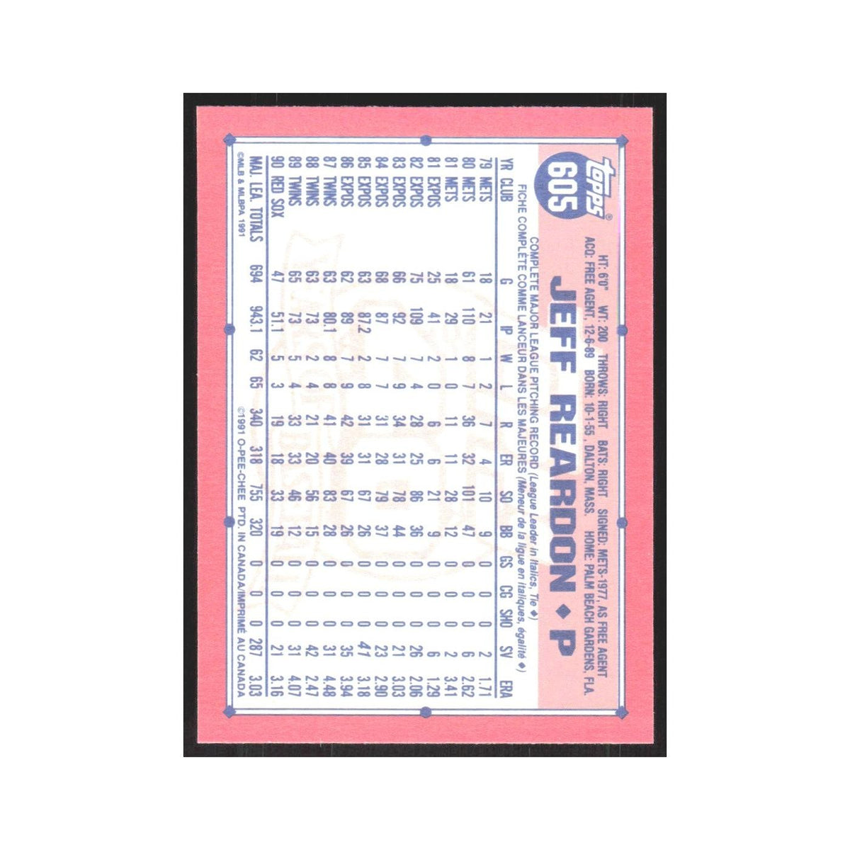 1991 O-Pee-Chee Jeff Reardon Red Sox #605