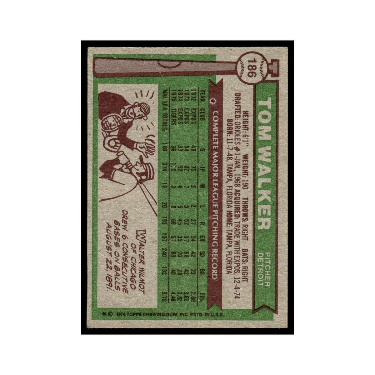 Tom Walker 1976 Topps #186 Detroit Tigers Baseball Card EX