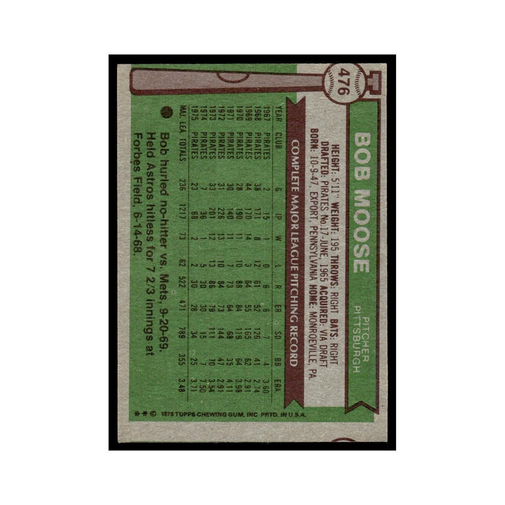 Bob Moose 1976 Topps #476 Pittsburgh Pirates Baseball Card EX