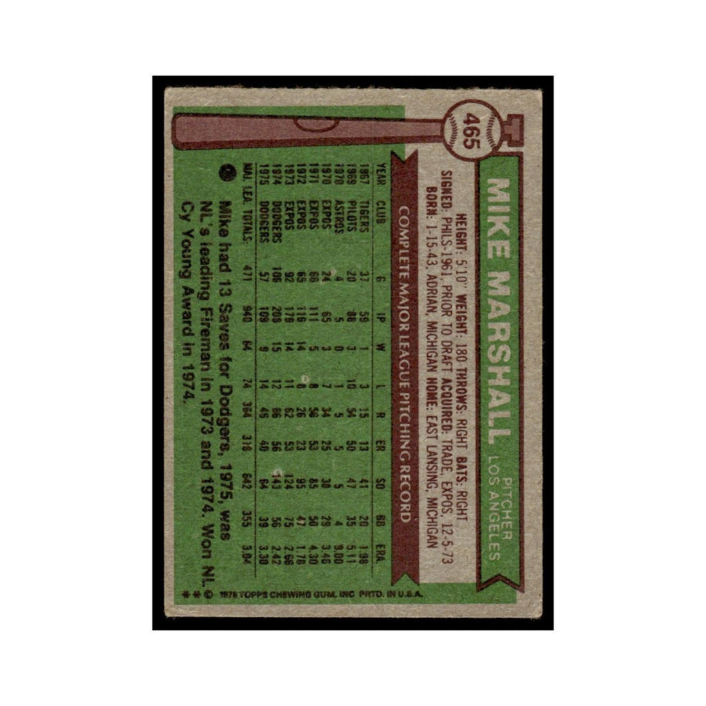Mike G. Marshall 1976 Topps #465 Los Angeles Dodgers Baseball Card EX
