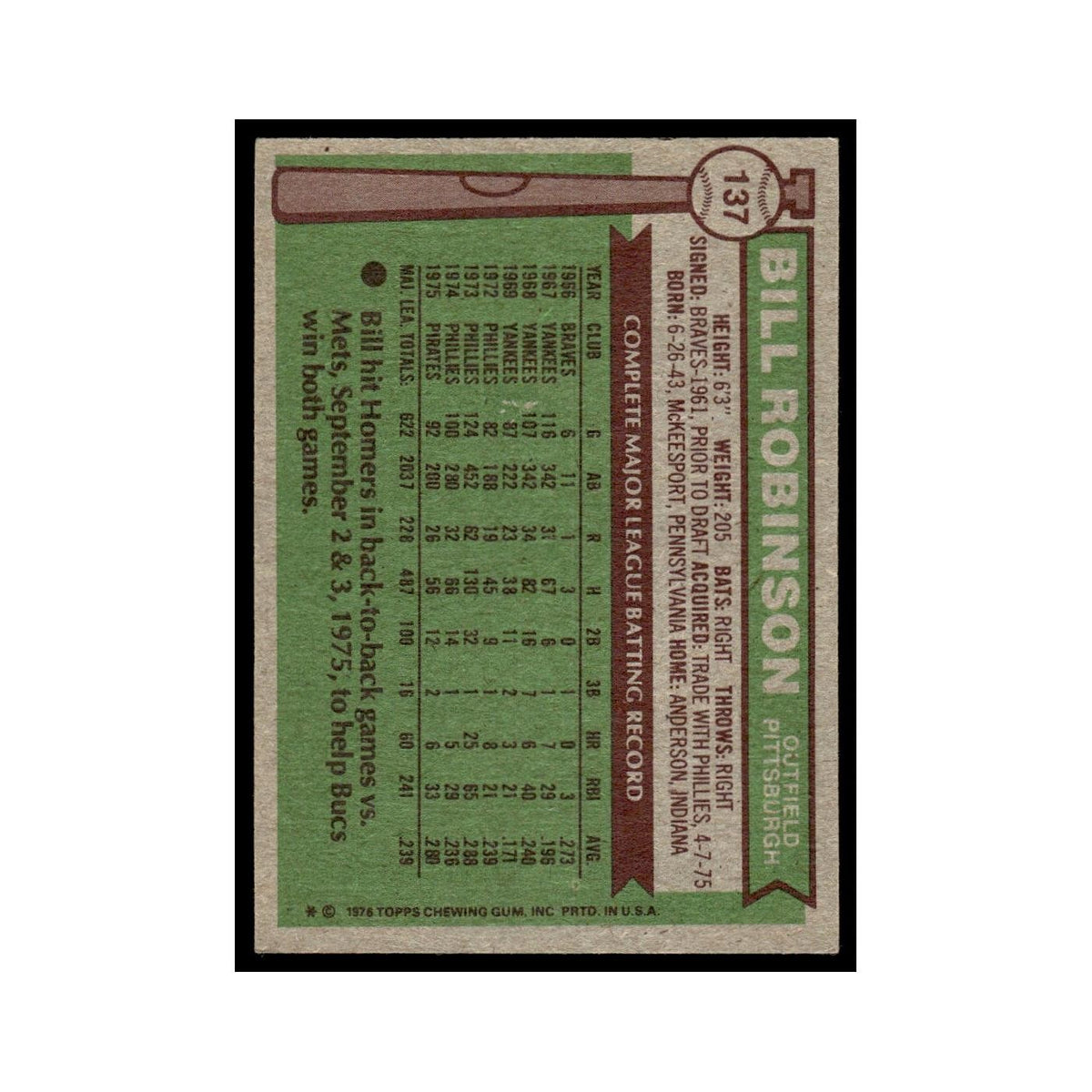 Bill Robinson 1976 Topps #137 Pittsburgh Pirates Baseball Card EX