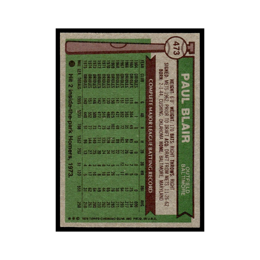 Paul Blair 1976 Topps #473 Baltimore Orioles Baseball Card EX