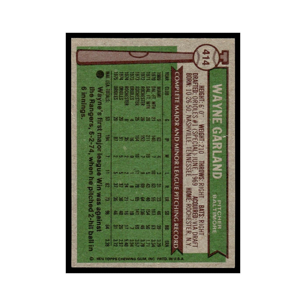 Wayne Garland 1976 Topps #414 Baltimore Orioles Baseball Card EX