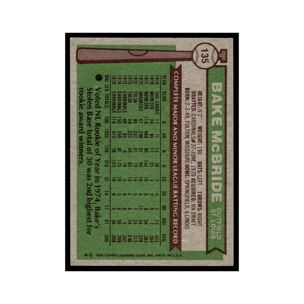 Bake McBride 1976 Topps #135 St. Louis Cardinals Baseball Card EX