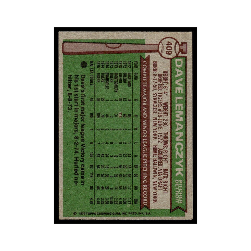Dave Lemanczyk 1976 Topps #409 Detroit Tigers Baseball Card EX