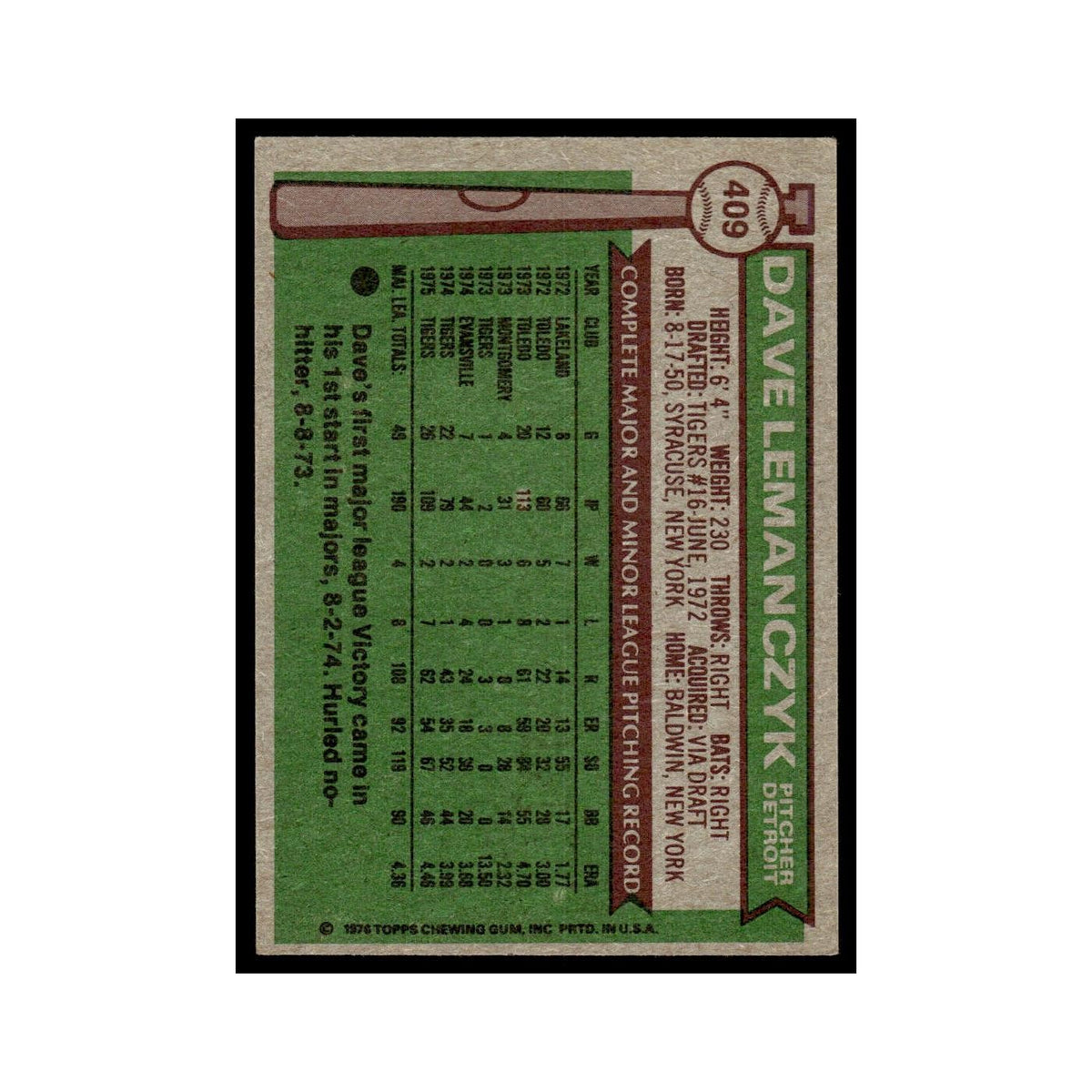 Dave Lemanczyk 1976 Topps #409 Detroit Tigers Baseball Card EX