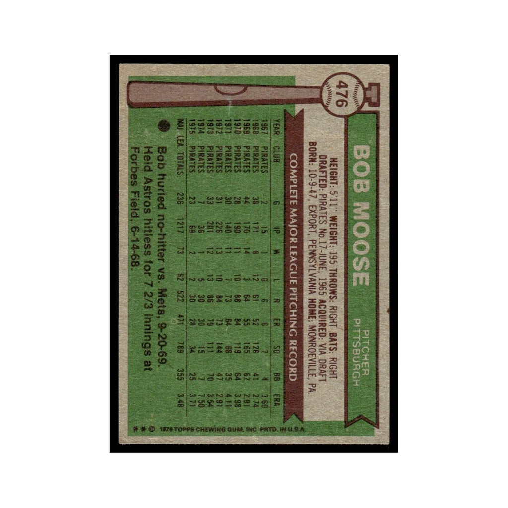 Bob Moose 1976 Topps #476 Pittsburgh Pirates Baseball Card EX