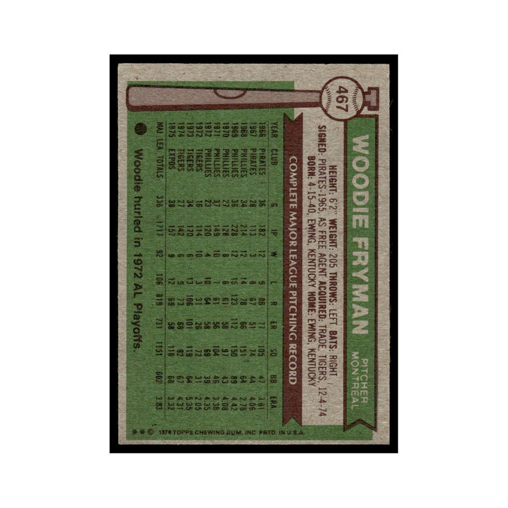 Woodie Fryman 1976 Topps #467 Montreal Expos Baseball Card EX