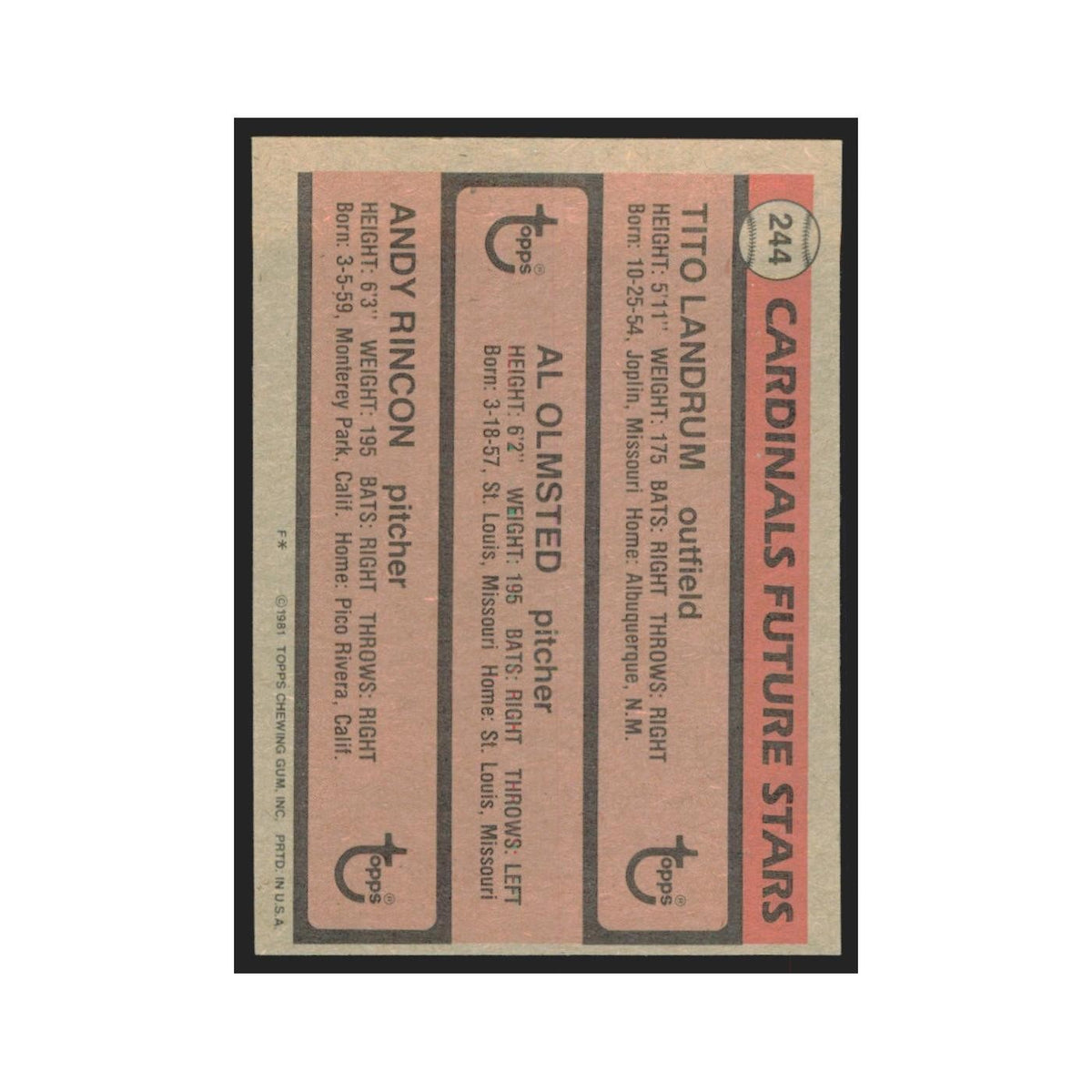 1981 Topps Tito Landrum/Al Olmsted/Andy Rincon Cardinals #244