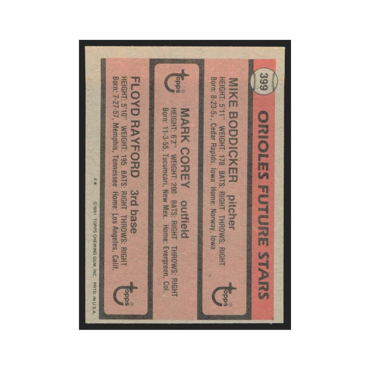 1981 Topps Mike Boddicker/Mark Corey/Floyd Rayford Orioles #399