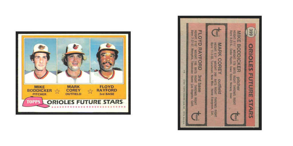 1981 Topps Mike Boddicker/Mark Corey/Floyd Rayford Orioles #399