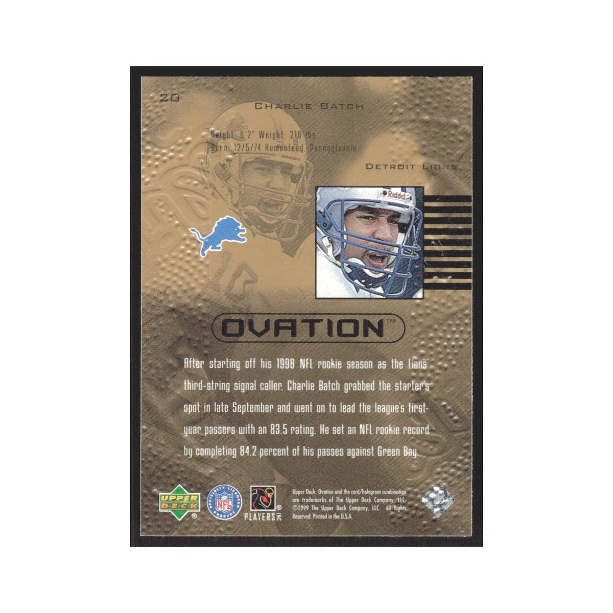 1999 Upper Deck Ovation Charlie Batch Lions #20