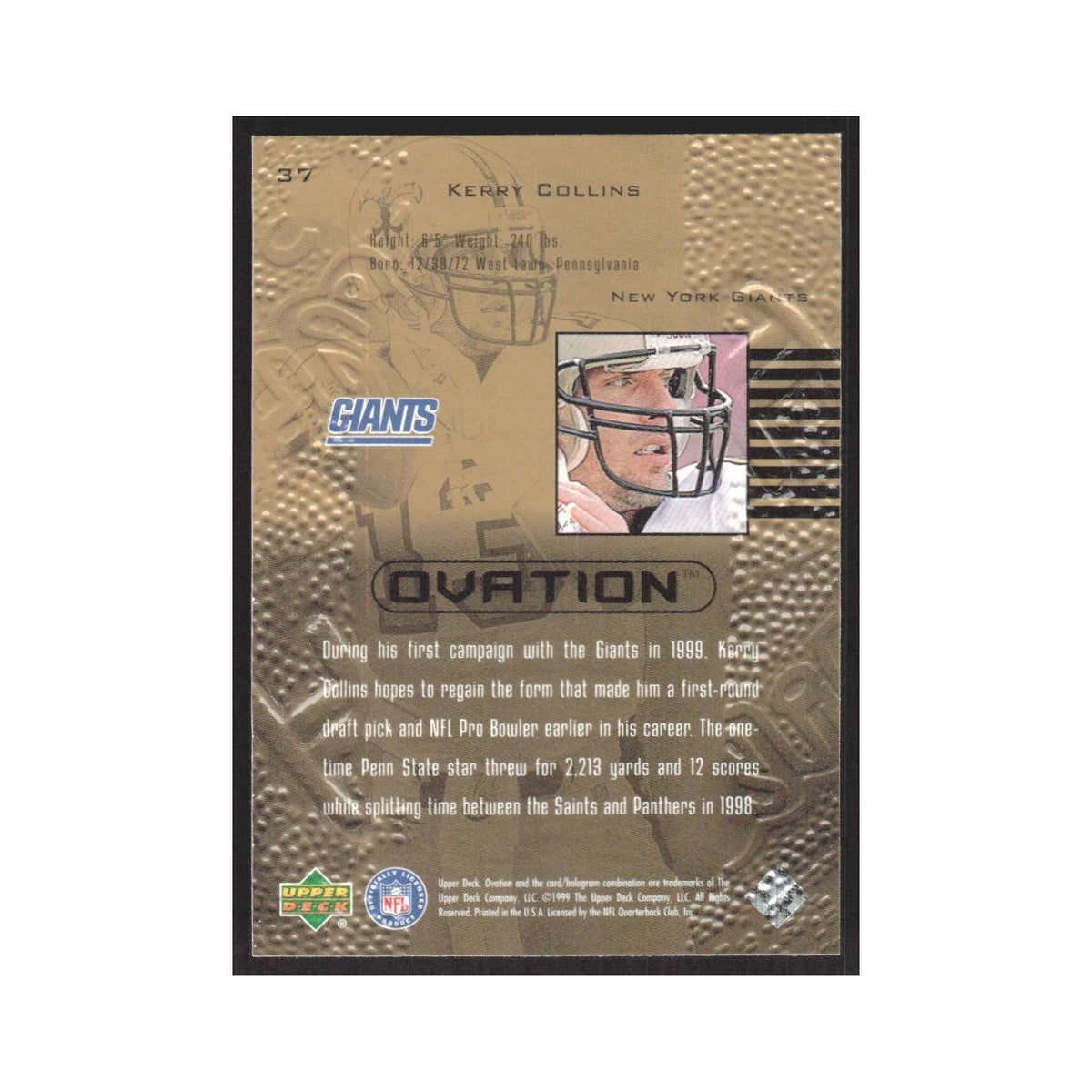 1999 Upper Deck Ovation Kerry Collins Giants #37