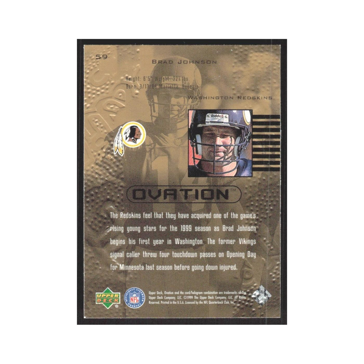 1999 Upper Deck Ovation Brad Johnson Redskins #59