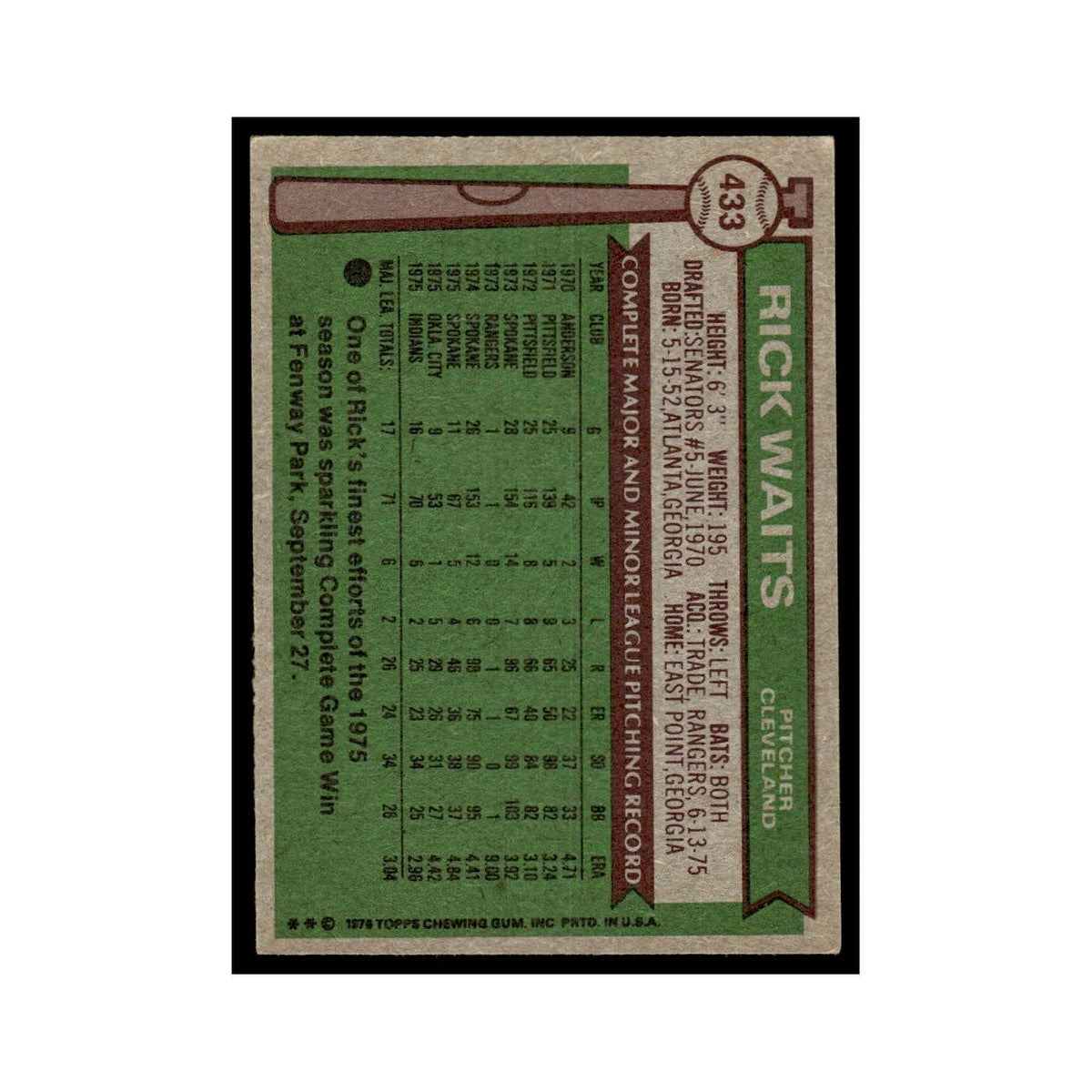 Rick Waits 1976 Topps #433 Cleveland Indians Baseball Card EX