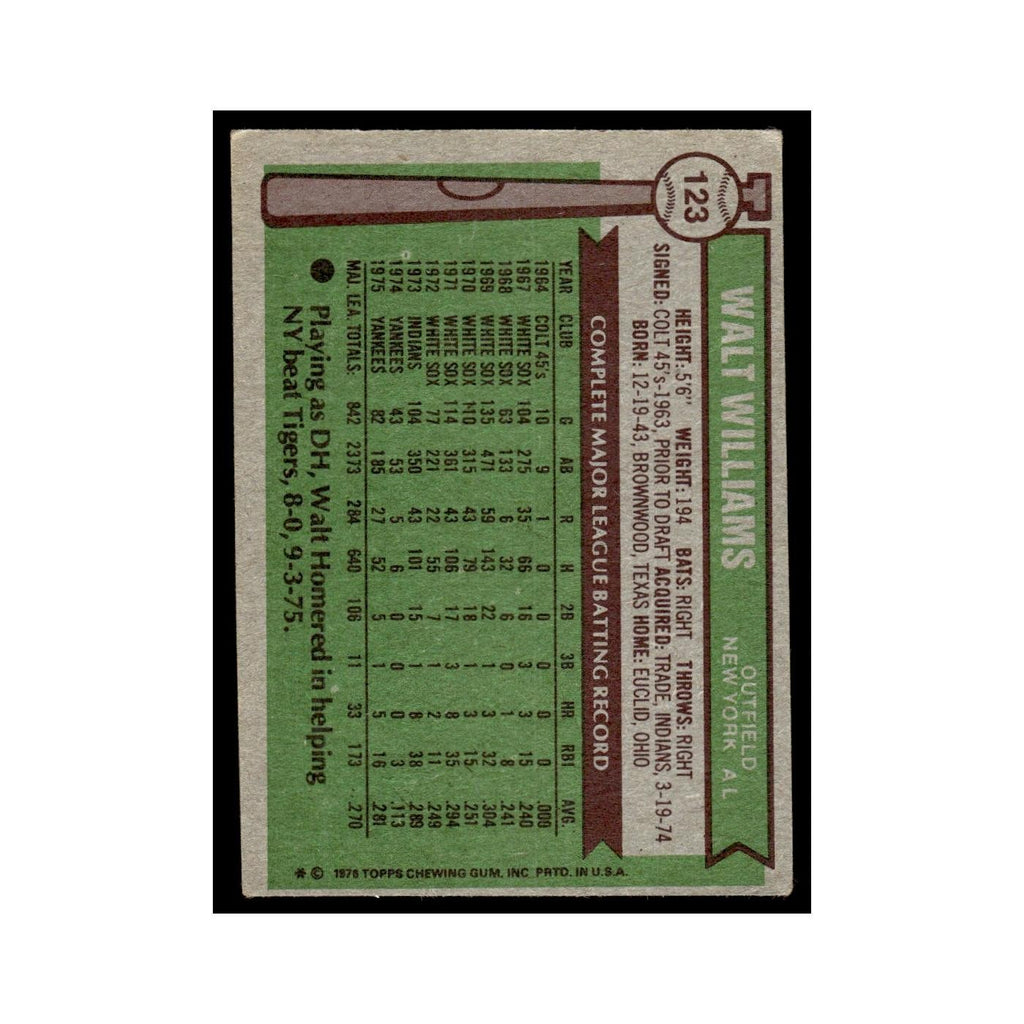 Walt Williams 1976 Topps #123 New York Yankees Baseball Card EX