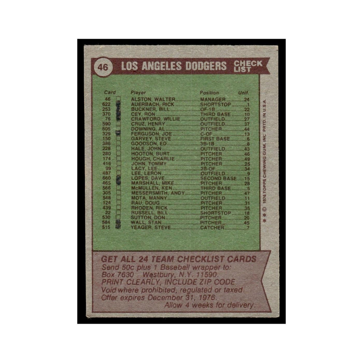 Los Angeles Dodgers - Walt Alston 1976 Topps #46 Baseball Card EX
