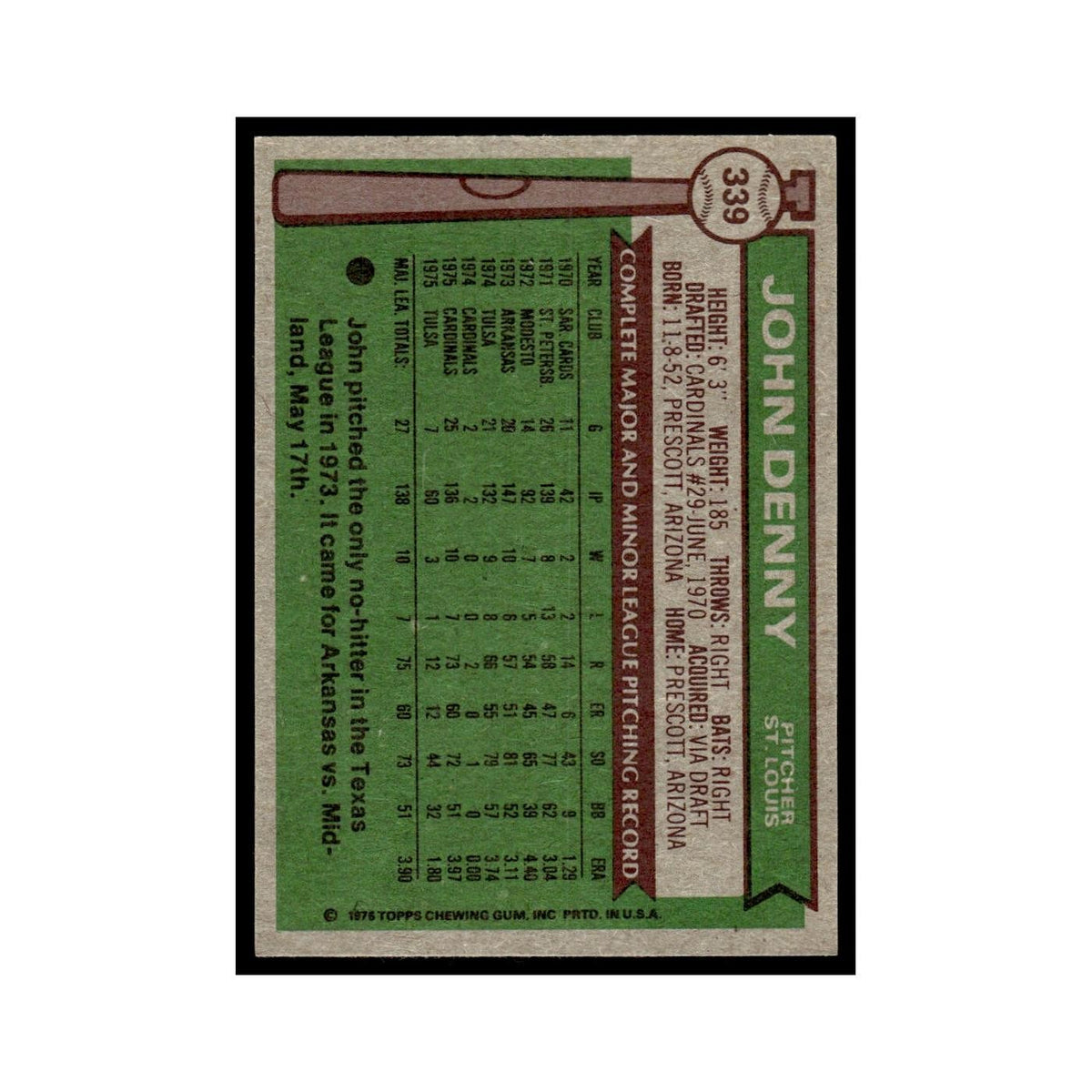 John Denny 1976 Topps #339 St. Louis Cardinals Baseball Card EX