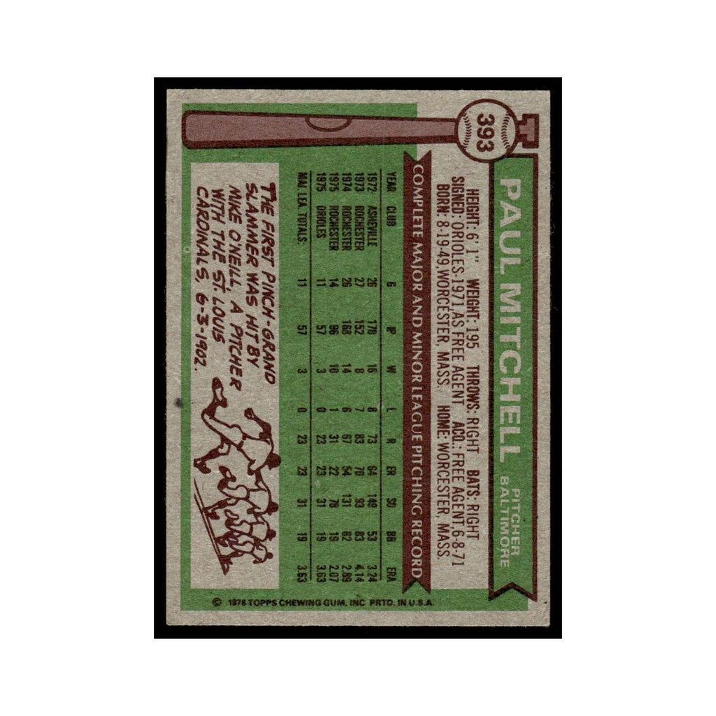 Paul Mitchell 1976 Topps #393 Baltimore Orioles Baseball Card EX