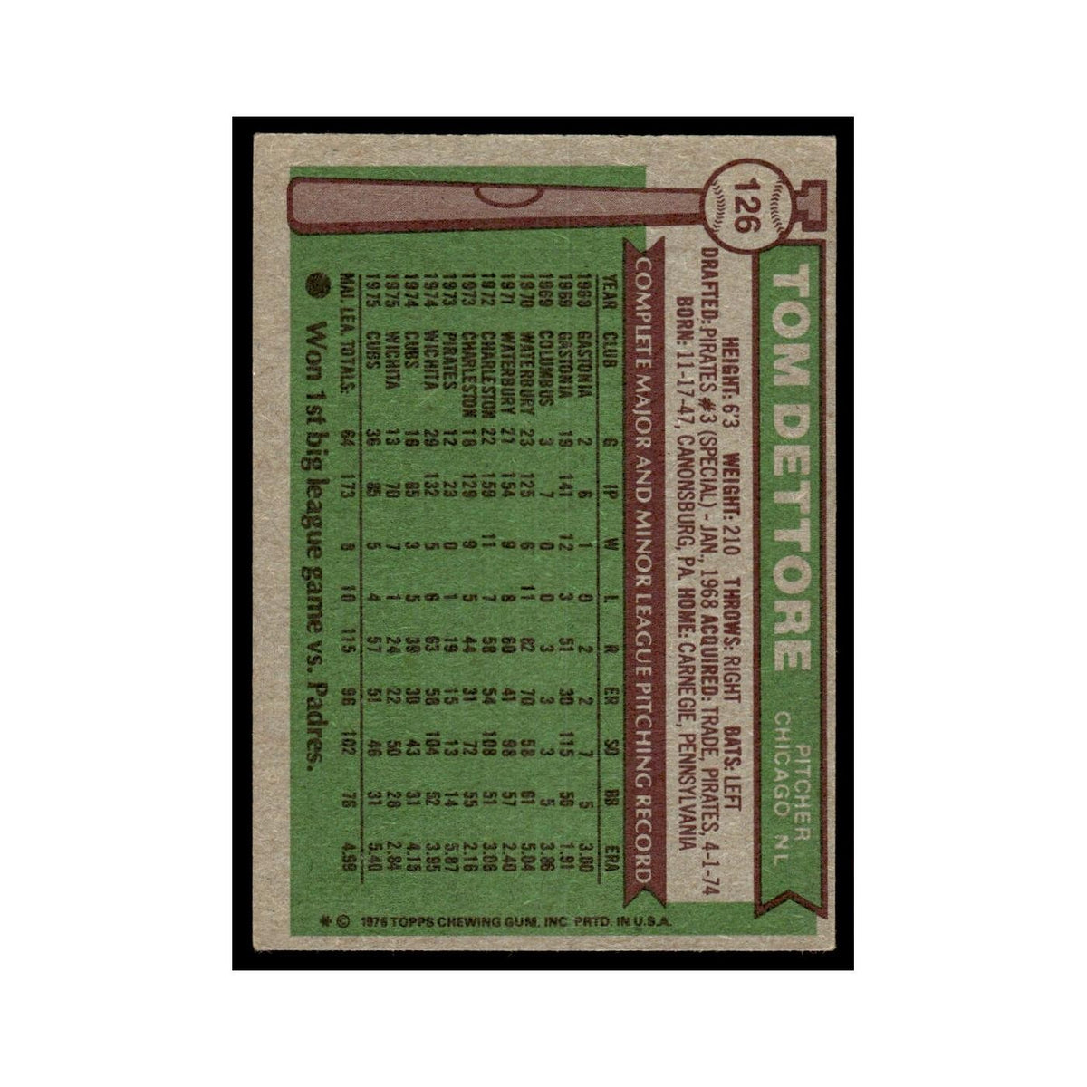 Tom Dettore 1976 Topps #126 Chicago Cubs Baseball Card EX