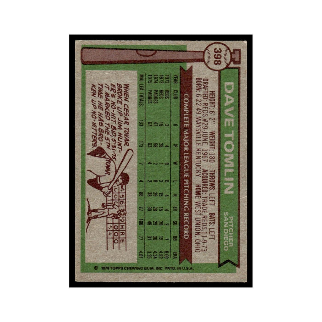 Dave Tomlin 1976 Topps #398 San Diego Padres Baseball Card EX