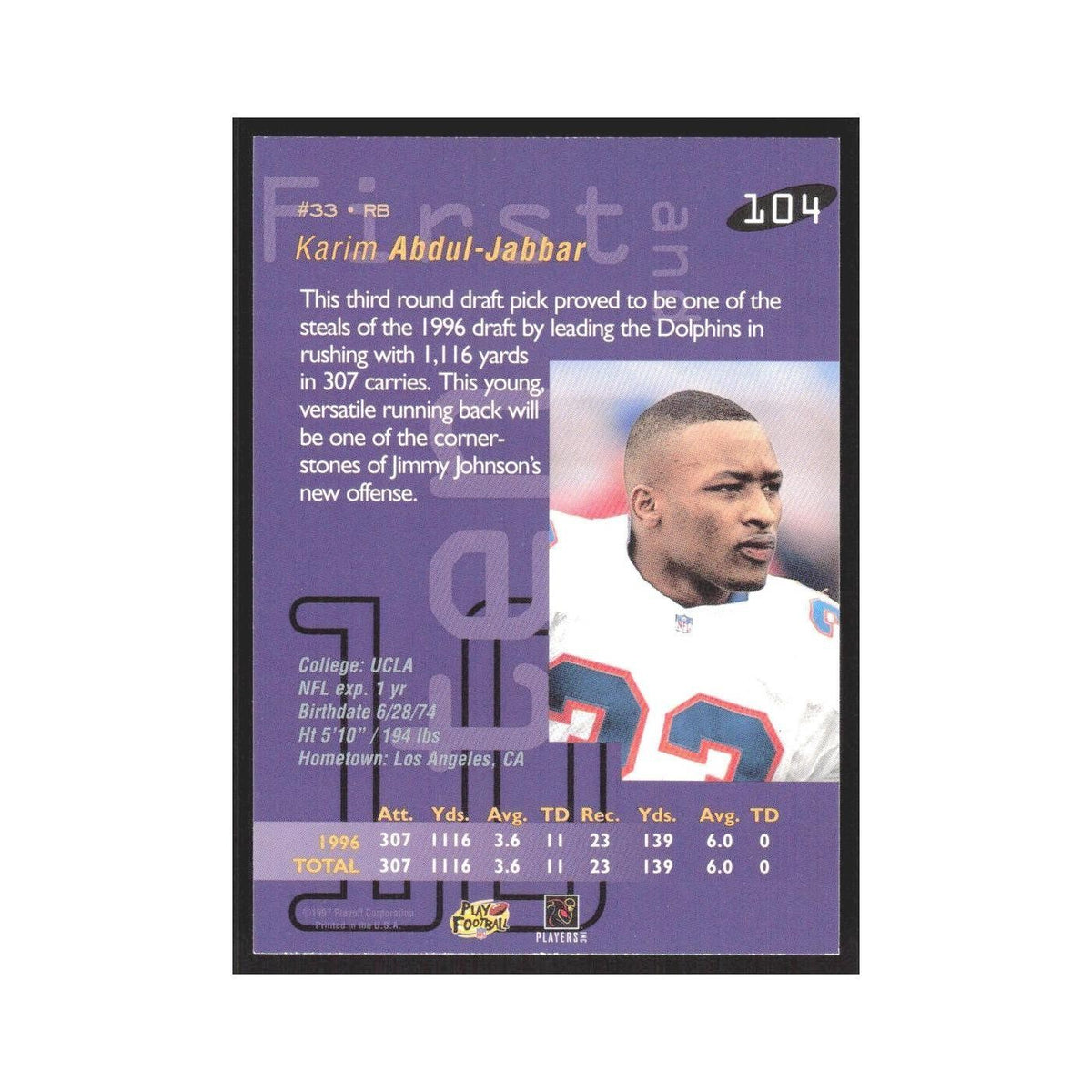 1997 Playoff First & Ten Karim Abdul-Jabbar Dolphins #104