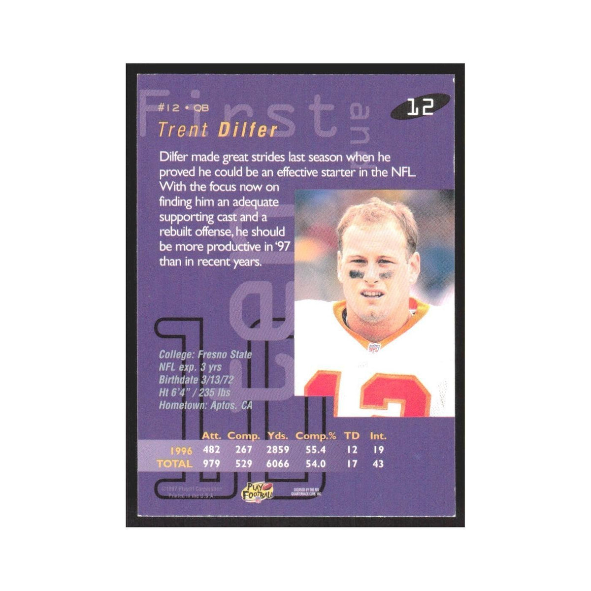 1997 Playoff First & Ten Trent Dilfer Buccaneers #12