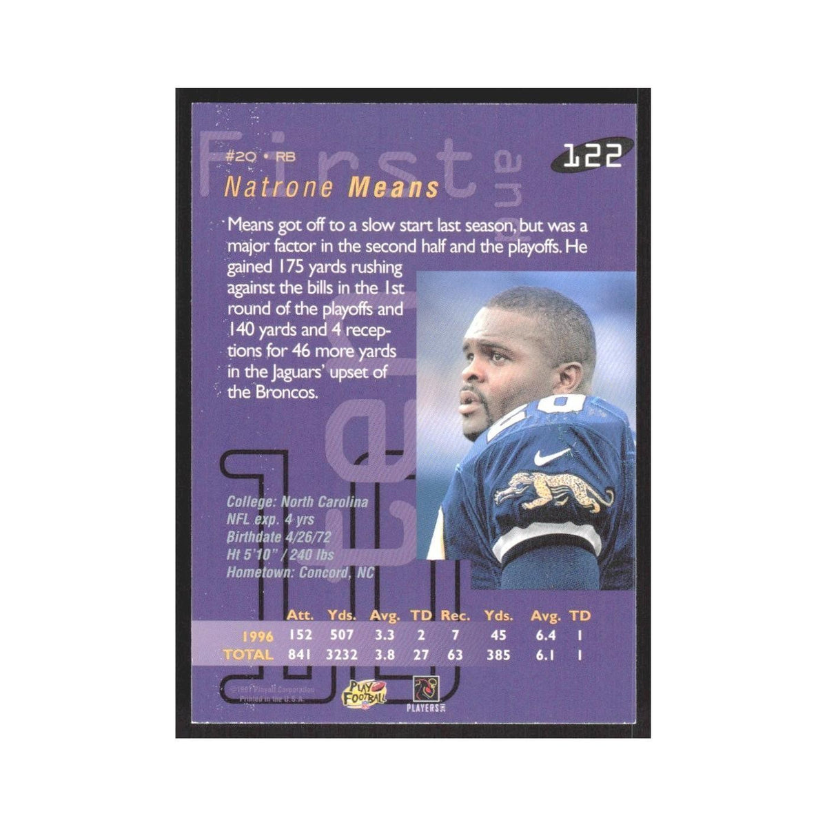 1997 Playoff First & Ten Natrone Means Jaguars #122