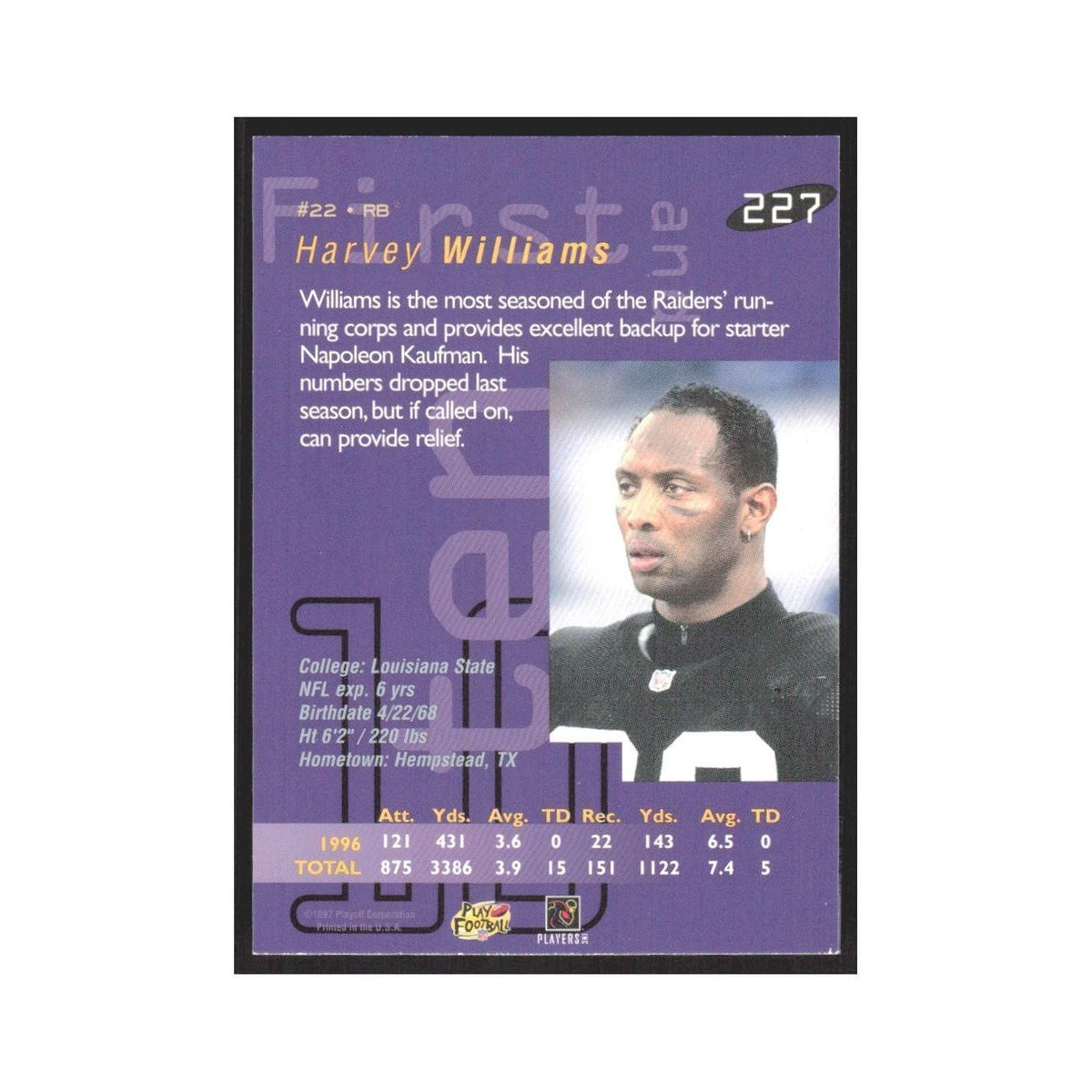 1997 Playoff First & Ten Harvey Williams Raiders #227