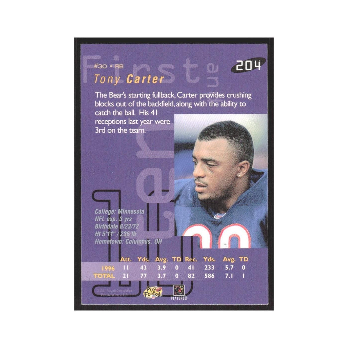 1997 Playoff First & Ten Tony Carter Bears #204