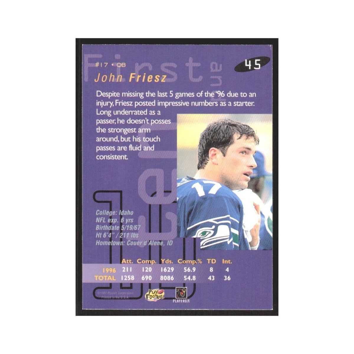 1997 Playoff First & Ten John Friesz Seahawks #45